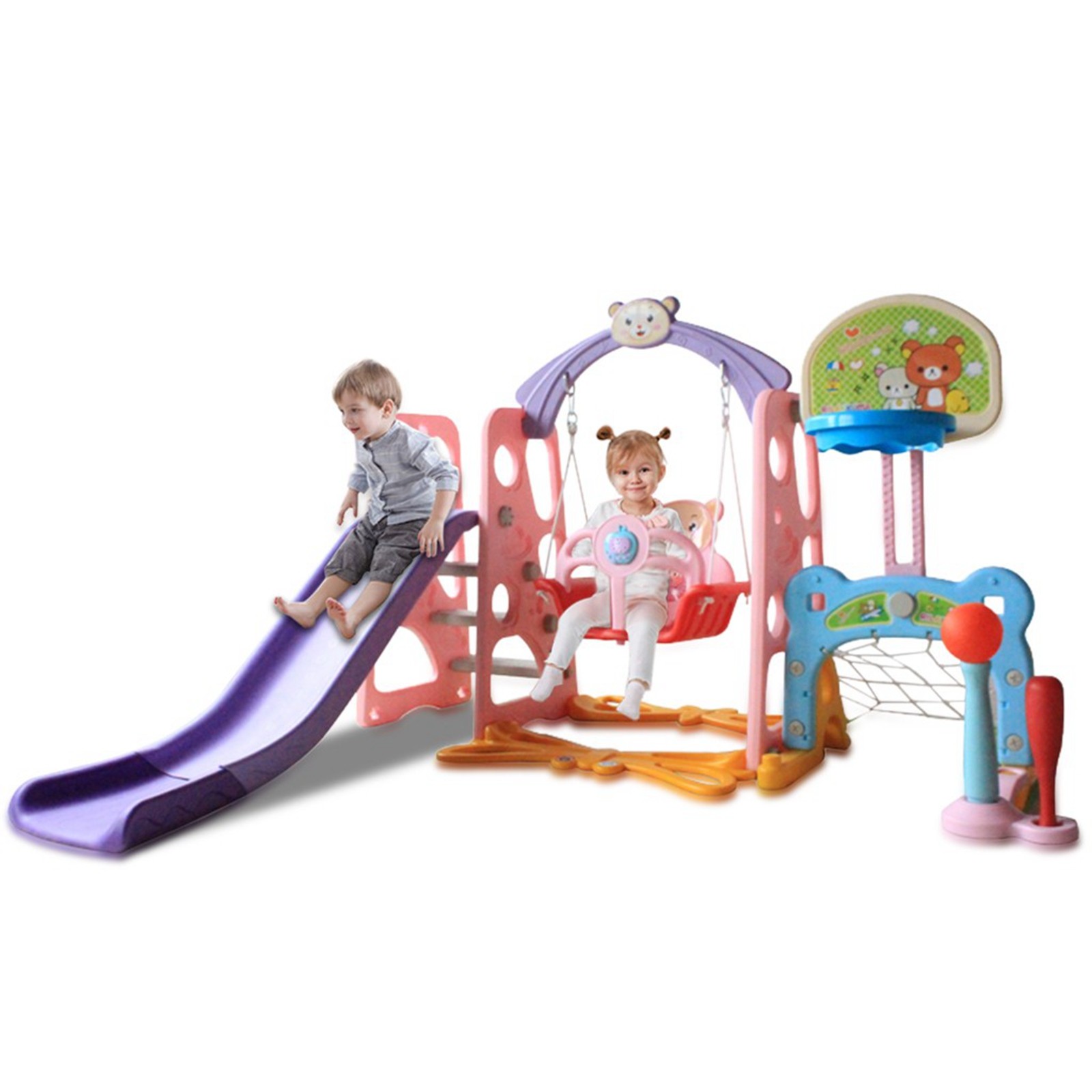 6 In 1 Kids Indoor Outdoor Slide Swing And Basketball Football Baseball Play Set